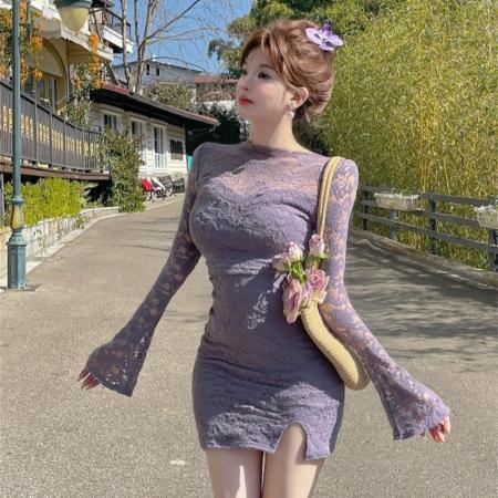气质名媛透视性感蕾丝修身喇叭袖连衣裙纯欲辣妹包臀裙  服裝批發女裝批發服飾貨源