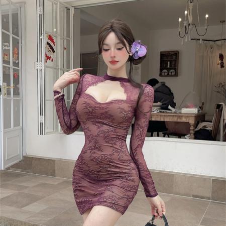 小个子紫色蕾丝性感夜店连衣裙女长袖修身显瘦辣妹短裙  服裝批發女裝批發服飾貨源