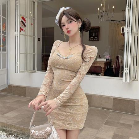 秋冬法式纯欲连衣裙蕾丝气质辣妹性感修身长袖包臀裙  服裝批發女裝批發服飾貨源