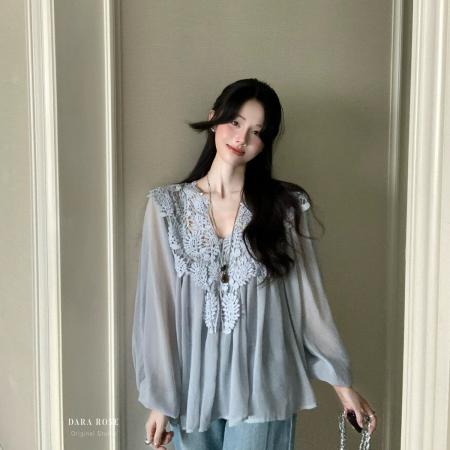 韩系新款法式重工蕾丝镂空钩花小衫温柔气质衬衫  服裝批發女裝批發服飾貨源