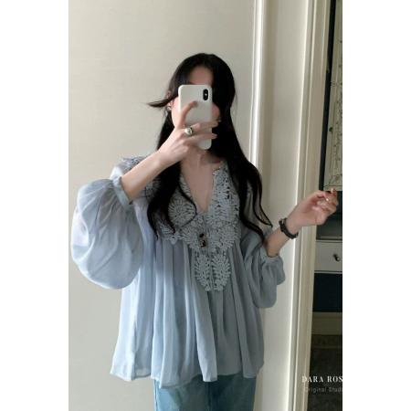 韩系新款法式重工蕾丝镂空钩花小衫温柔气质衬衫  服裝批發女裝批發服飾貨源