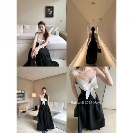 板栗可可夜幕天鹅吊带裙子女夏季黑色长裙轻奢高级感法式连衣裙  服裝批發女裝批發服飾貨源