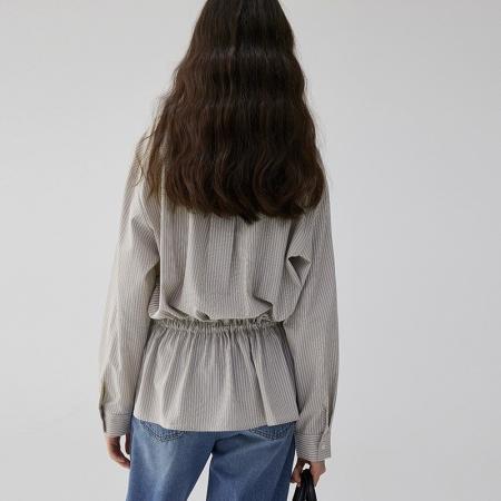 芥末派VOOE设计V领收腰条纹宽松衬衫女早秋新款气质通勤上衣  服裝批發女裝批發服飾貨源