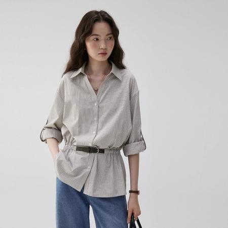 芥末派VOOE设计V领收腰条纹宽松衬衫女早秋新款气质通勤上衣  服裝批發女裝批發服飾貨源