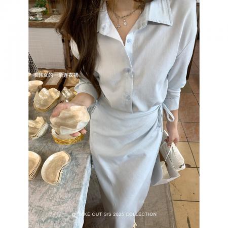 蓝屿海岛早秋设计感假两件天丝衬衫连衣裙收腰裙长裙  服裝批發女裝批發服飾貨源