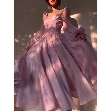 紫苑云霓法式度假裙气质大裙摆印...