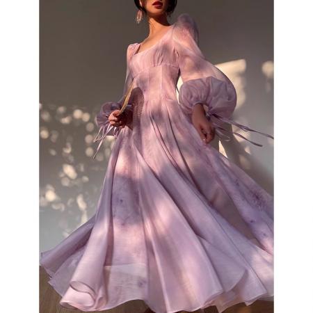 紫苑云霓法式度假裙气质大裙摆印花连衣裙  服裝批發女裝批發服飾貨源