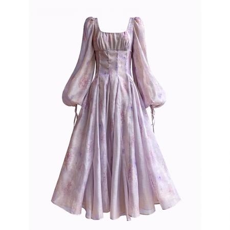 紫苑云霓法式度假裙气质大裙摆印花连衣裙  服裝批發女裝批發服飾貨源