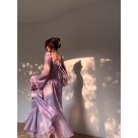 紫苑云霓法式度假裙气质大裙摆印花连衣裙  服裝批發女裝批發服飾貨源