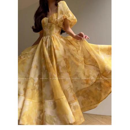 仲夏香柠法式印花茶歇裙收腰气质...