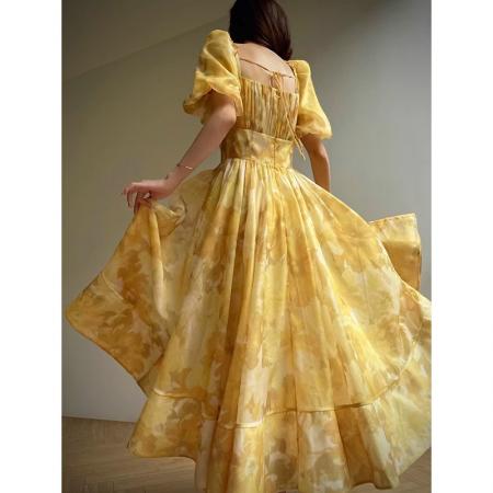 仲夏香柠法式印花茶歇裙收腰气质泡泡袖公主风连衣裙  服裝批發女裝批發服飾貨源