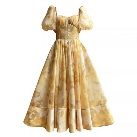 仲夏香柠法式印花茶歇裙收腰气质泡泡袖公主风连衣裙  服裝批發女裝批發服飾貨源