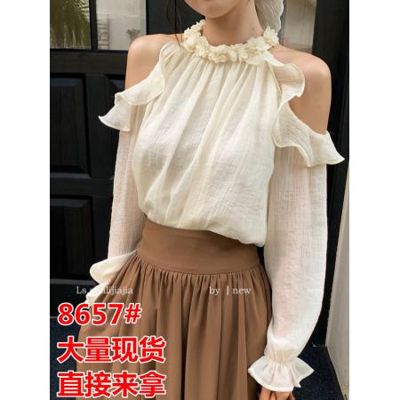 秋新款法式甜美荷叶边露肩花朵挂脖雪纺衫设计感小众气质长袖上衣  服裝批發女裝批發服飾貨源