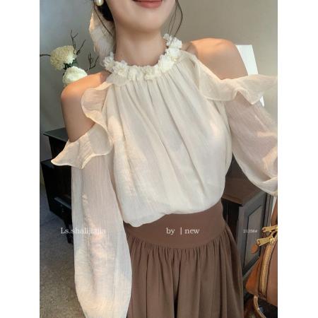 秋新款法式甜美荷叶边露肩花朵挂脖雪纺衫设计感小众气质长袖上衣  服裝批發女裝批發服飾貨源