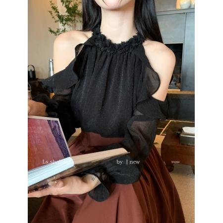 秋新款法式甜美荷叶边露肩花朵挂脖雪纺衫设计感小众气质长袖上衣  服裝批發女裝批發服飾貨源