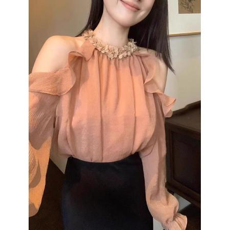 秋新款法式甜美荷叶边露肩花朵挂脖雪纺衫设计感小众气质长袖上衣  服裝批發女裝批發服飾貨源