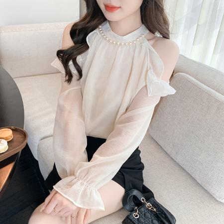 法式珍珠挂脖露肩雪纺衫女春季喇...