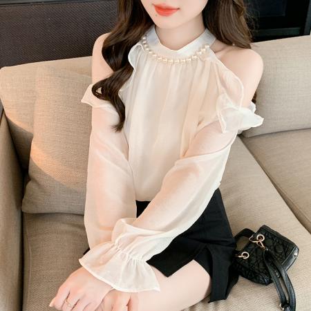 法式珍珠挂脖露肩雪纺衫女春季喇叭长袖宽松洋气减龄上衣甜美小衫  服裝批發女裝批發服飾貨源