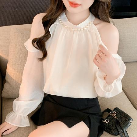 法式珍珠挂脖露肩雪纺衫女春季喇叭长袖宽松洋气减龄上衣甜美小衫  服裝批發女裝批發服飾貨源
