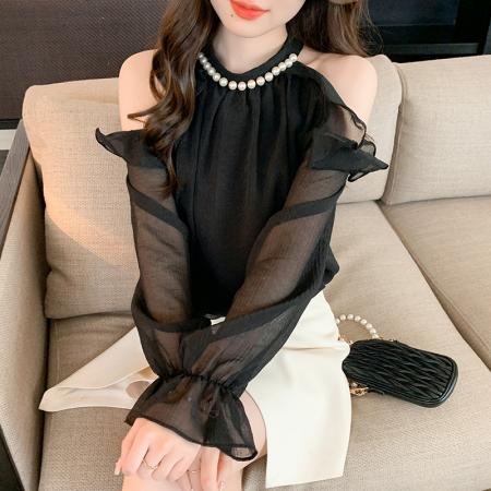 法式珍珠挂脖露肩雪纺衫女春季喇叭长袖宽松洋气减龄上衣甜美小衫  服裝批發女裝批發服飾貨源