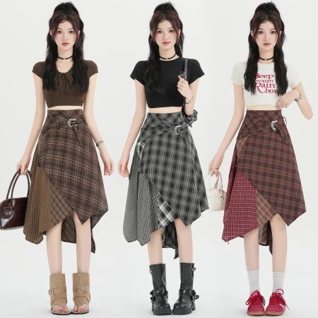 美式复古时尚不规则格纹高腰显瘦中长款半身裙a字裙女春秋新款  服裝批發女裝批發服飾貨源