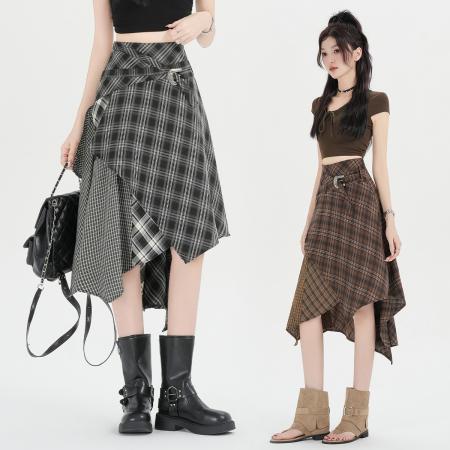 美式复古时尚不规则格纹高腰显瘦中长款半身裙a字裙女春秋新款  服裝批發女裝批發服飾貨源