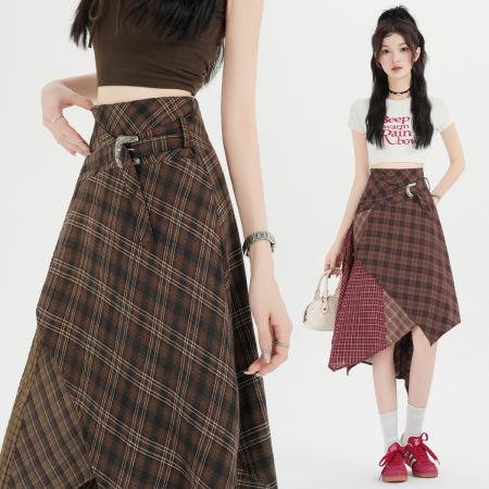 美式复古时尚不规则格纹高腰显瘦中长款半身裙a字裙女春秋新款  服裝批發女裝批發服飾貨源