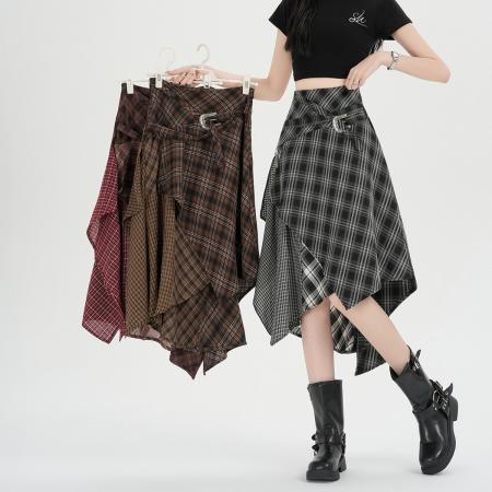 美式复古时尚不规则格纹高腰显瘦中长款半身裙a字裙女春秋新款  服裝批發女裝批發服飾貨源