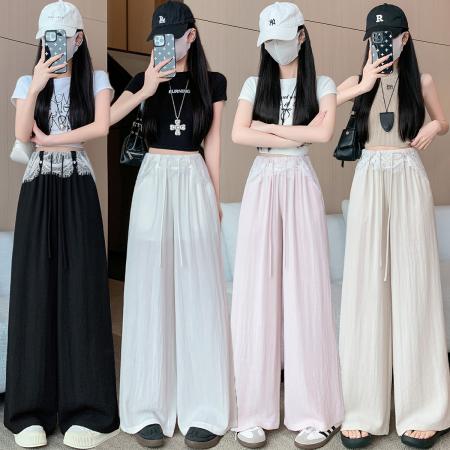 冰丝裤女夏季薄款设计感蕾丝花边阔腿裤垂坠感气质防晒凉凉裤  服裝批發女裝批發服飾貨源