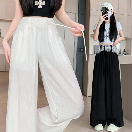 冰丝裤女夏季薄款设计感蕾丝花边阔腿裤垂坠感气质防晒凉凉裤  服裝批發女裝批發服飾貨源