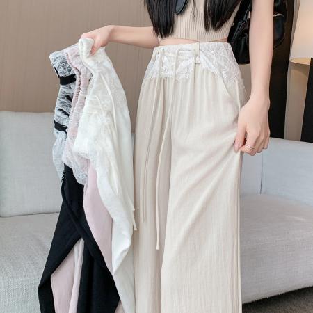 冰丝裤女夏季薄款设计感蕾丝花边阔腿裤垂坠感气质防晒凉凉裤  服裝批發女裝批發服飾貨源