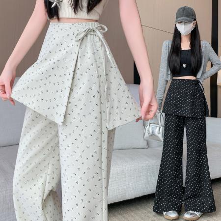 韩系新款碎花屁帘女春秋假两件裙裤直筒裤阔腿裤两穿休闲长裤  服裝批發女裝批發服飾貨源