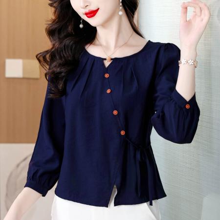 春上新百搭法式长袖衬衫女设计感绑带遮肉显瘦洋气上衣  服裝批發女裝批發服飾貨源