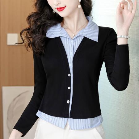 春季新款POLO领气质假两件拼接长袖衬衫女时尚洋气百搭上衣  服裝批發女裝批發服飾貨源