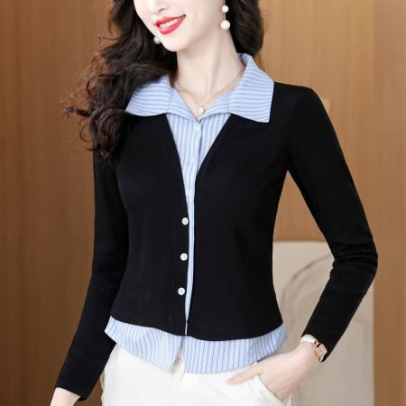 春季新款POLO领气质假两件拼接长袖衬衫女时尚洋气百搭上衣  服裝批發女裝批發服飾貨源