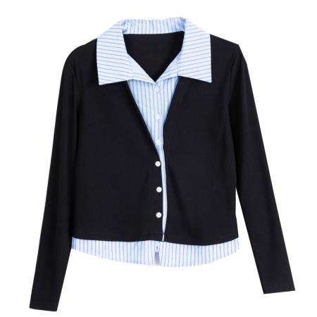 春季新款POLO领气质假两件拼接长袖衬衫女时尚洋气百搭上衣  服裝批發女裝批發服飾貨源