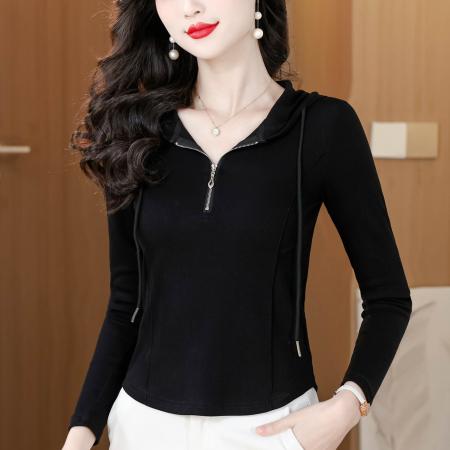 春季新款纯色连帽百搭修身长袖T恤女简约休闲常规正肩上衣  服裝批發女裝批發服飾貨源