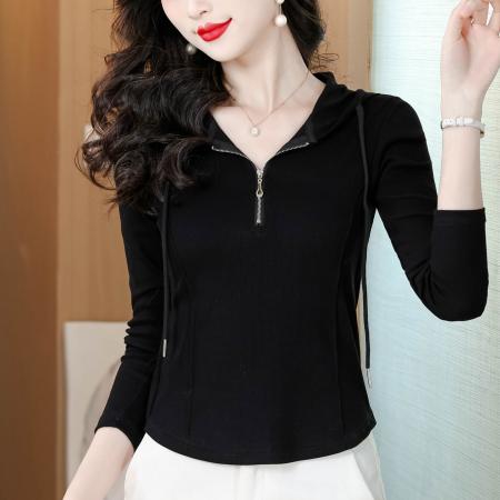 春季新款纯色连帽百搭修身长袖T恤女简约休闲常规正肩上衣  服裝批發女裝批發服飾貨源