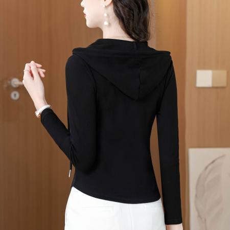 春季新款纯色连帽百搭修身长袖T恤女简约休闲常规正肩上衣  服裝批發女裝批發服飾貨源