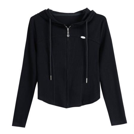 春季新款纯色连帽百搭修身长袖T恤女简约休闲常规正肩上衣  服裝批發女裝批發服飾貨源