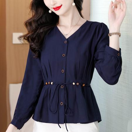 春季新款纯色V领长袖衬衫女收腰系带显瘦洋气减龄开衫上衣  服裝批發女裝批發服飾貨源