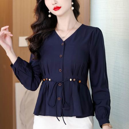 春季新款纯色V领长袖衬衫女收腰系带显瘦洋气减龄开衫上衣  服裝批發女裝批發服飾貨源