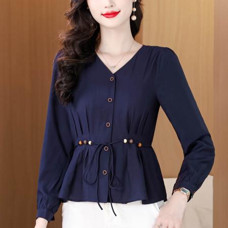 春季新款纯色V领长袖衬衫女收腰系带显瘦洋气减龄开衫上衣  服裝批發女裝批發服飾貨源