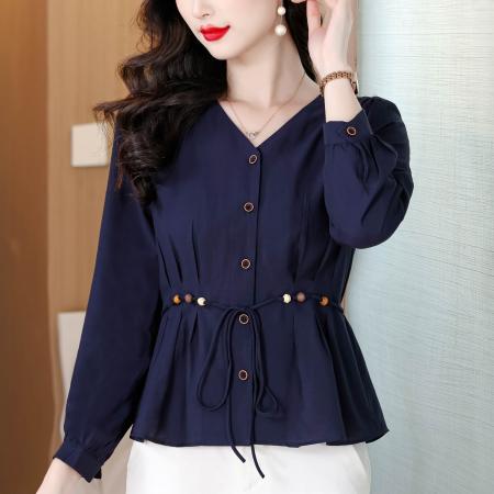 春季新款纯色V领长袖衬衫女收腰系带显瘦洋气减龄开衫上衣  服裝批發女裝批發服飾貨源