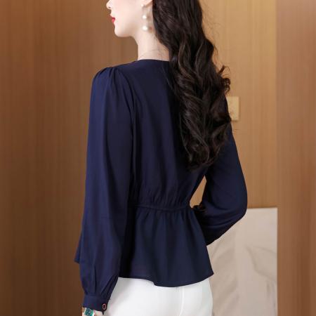 春季新款纯色V领长袖衬衫女收腰系带显瘦洋气减龄开衫上衣  服裝批發女裝批發服飾貨源