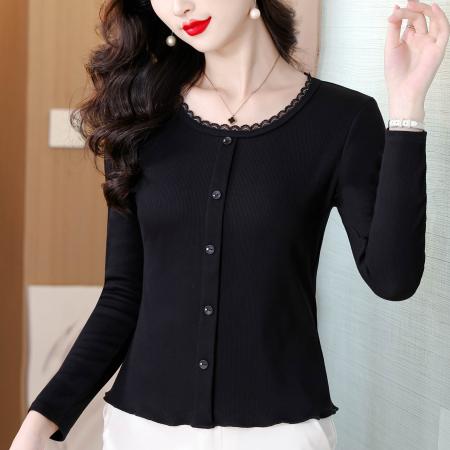 秋季新款纯色花边圆领长袖T恤女简约单排扣洋气百搭显瘦上衣  服裝批發女裝批發服飾貨源