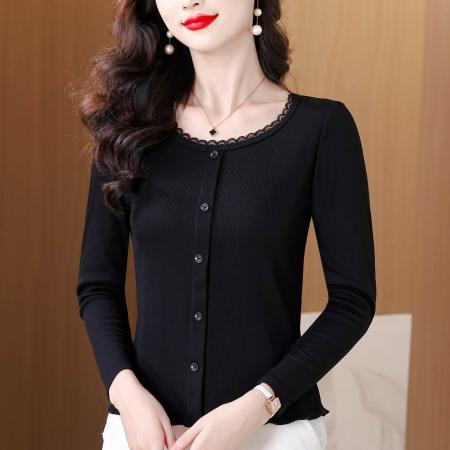 秋季新款纯色花边圆领长袖T恤女简约单排扣洋气百搭显瘦上衣  服裝批發女裝批發服飾貨源