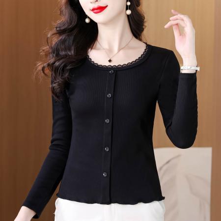 秋季新款纯色花边圆领长袖T恤女简约单排扣洋气百搭显瘦上衣  服裝批發女裝批發服飾貨源