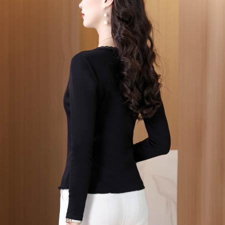 秋季新款纯色花边圆领长袖T恤女简约单排扣洋气百搭显瘦上衣  服裝批發女裝批發服飾貨源