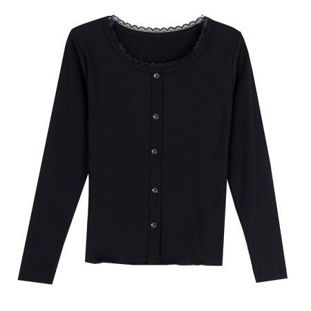 秋季新款纯色花边圆领长袖T恤女简约单排扣洋气百搭显瘦上衣  服裝批發女裝批發服飾貨源